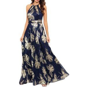 AQUA Navy & Gold Floral Halter Maxi Dress